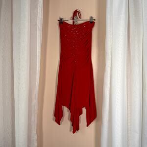Y2K Red Rhinestone Halter Handkerchief Hem Dress Sz Small